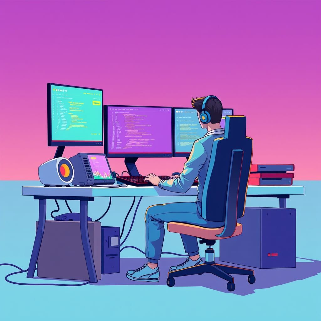 Developer Building SaaS App in Digital Art Style