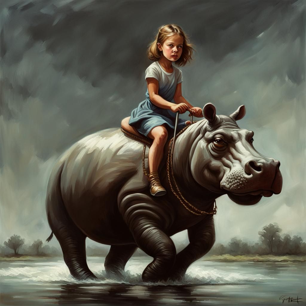 Girl Rides Hippo in Sinister Fantasy Art
