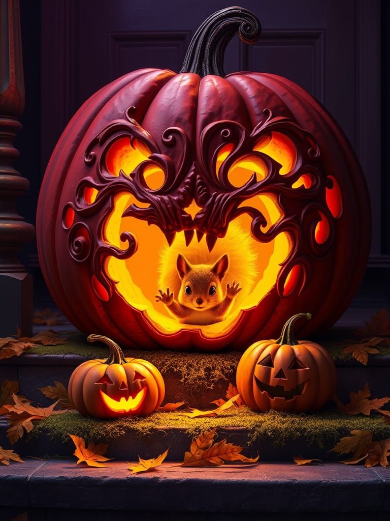 Ethereal Halloween Scene with Carved Pumpkin and Squirrel