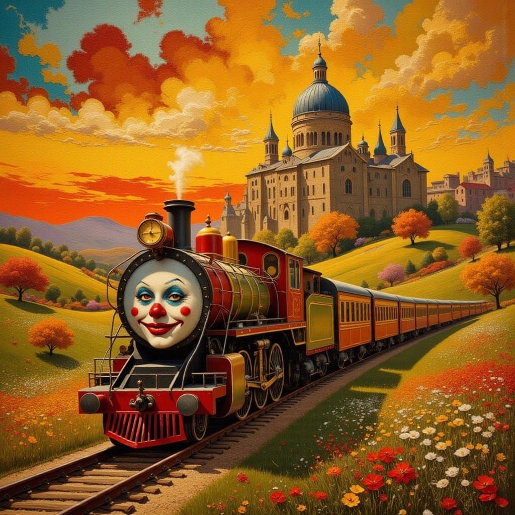 Clown Train in Tuscan Sunset Impasto Oil Painting