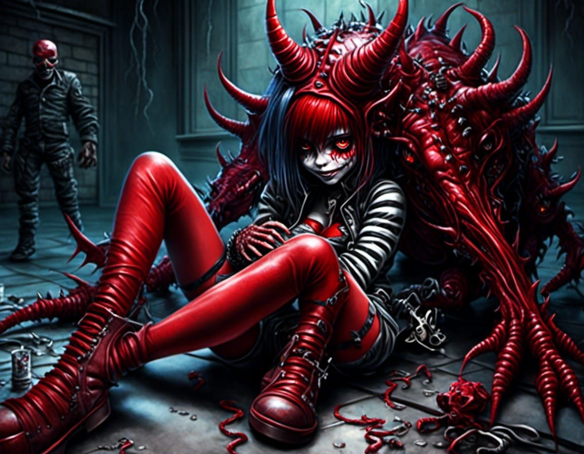 sinister demon girl, huddled on the floor