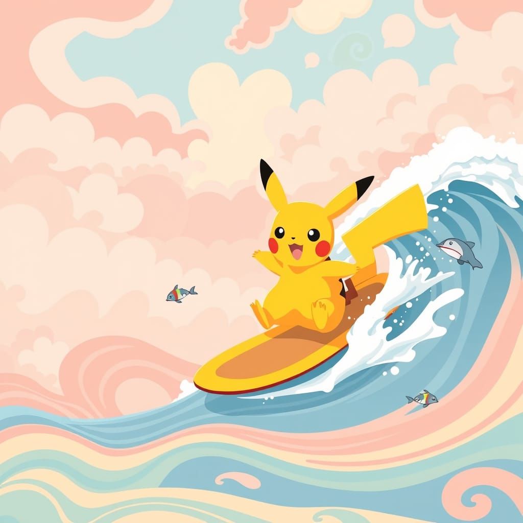 Pikachu Surfs in a Whimsical World of Pastel Hues and Cotton...