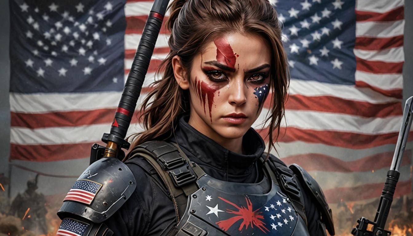 Olive Skinned Girl with Samurai Sword and Flag