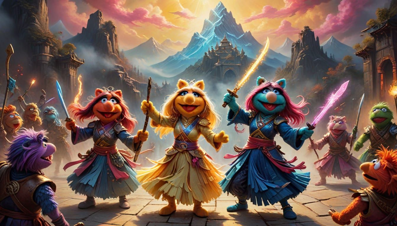surreal magical girl muppets in a wuxia setting