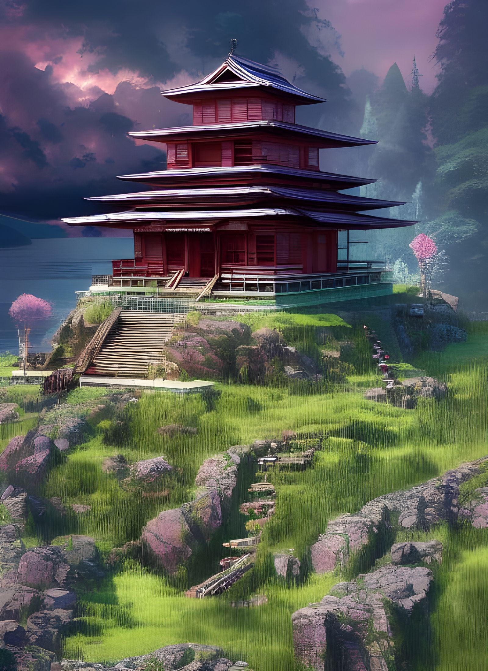 Mountain Temple Overlooking Lake in Digital Art Style