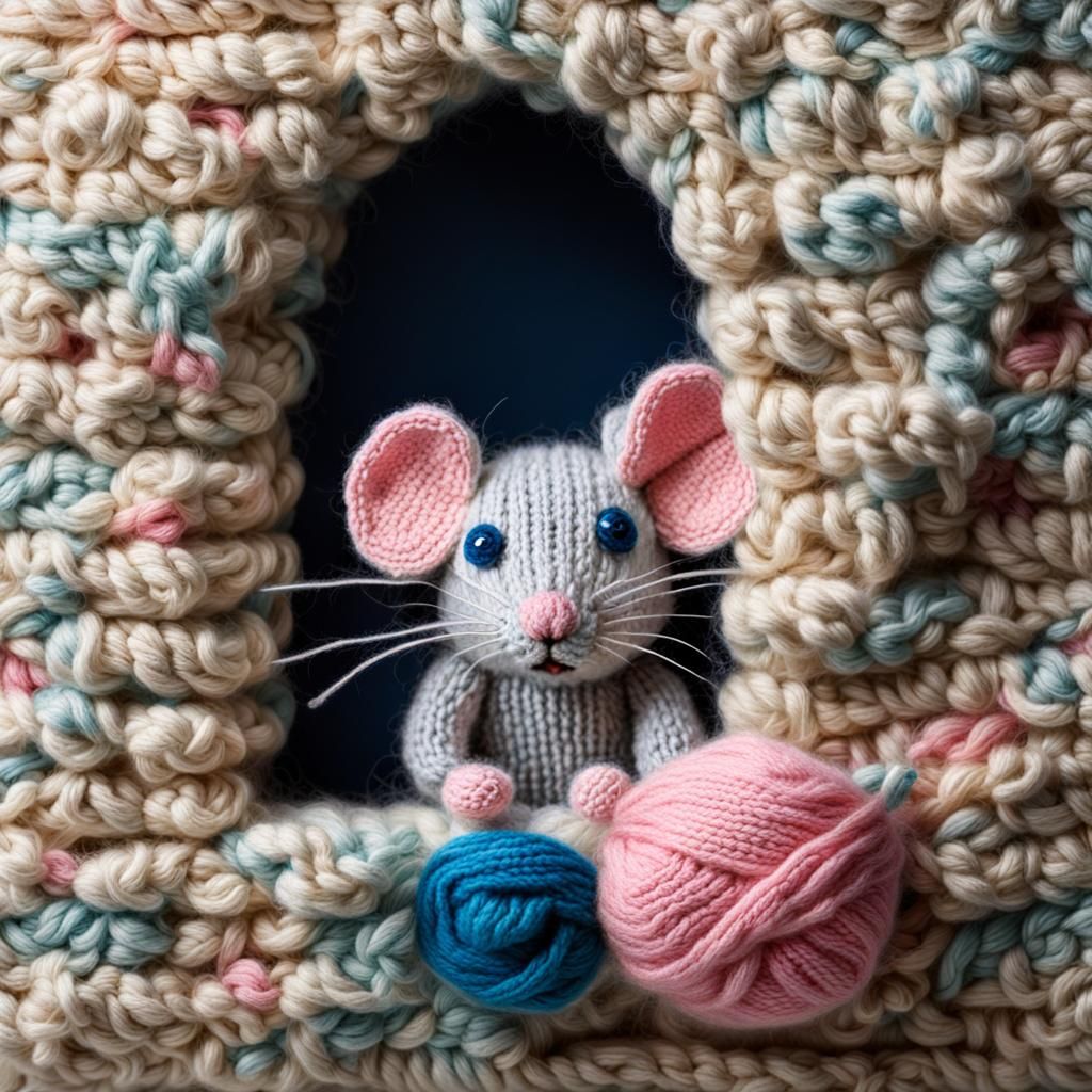 Adorable Mouse Peeks Out, Impressionist Yarn Art