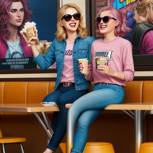 Pink Jeans Models Share Popcorn, Comic Book Art