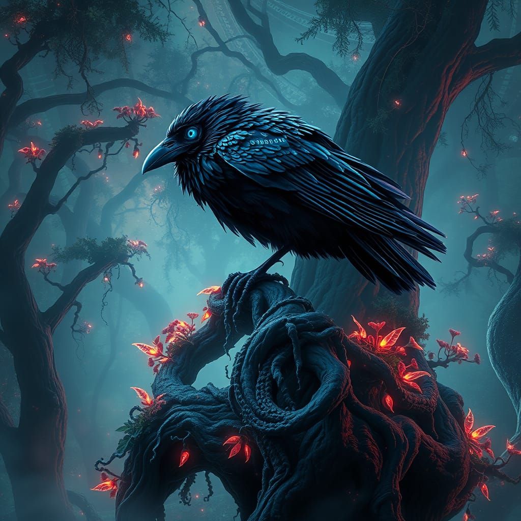 Bioluminescent Raven in Glitch Art Style