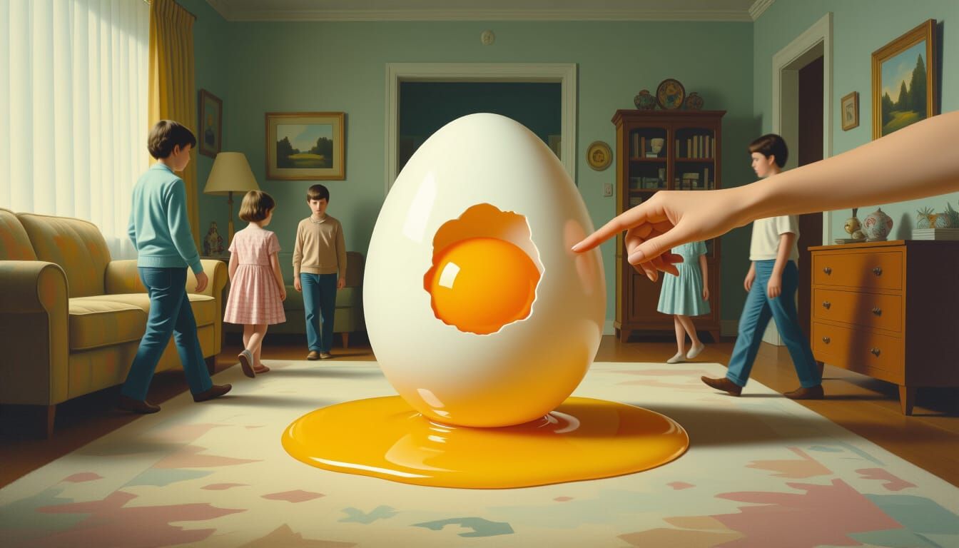 Surreal Egg in Mundane Living Room with Family