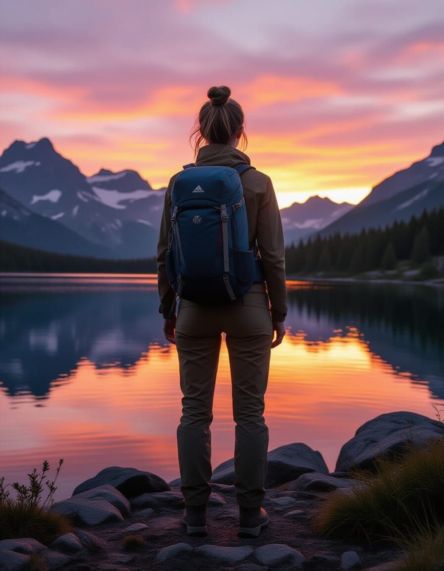 Woman on Mountain Overlooking Sunset Lake