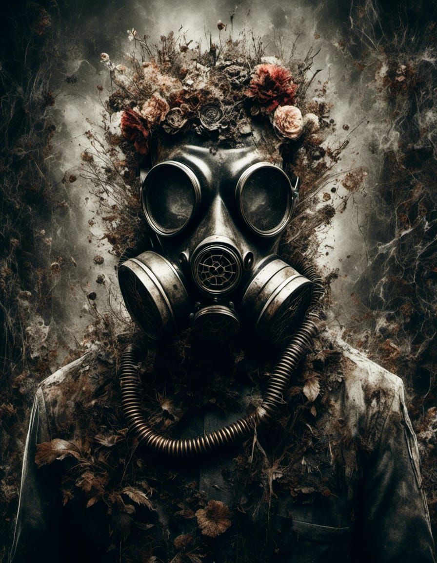 Steampunk Gas Mask Man in Floral Horror Photo