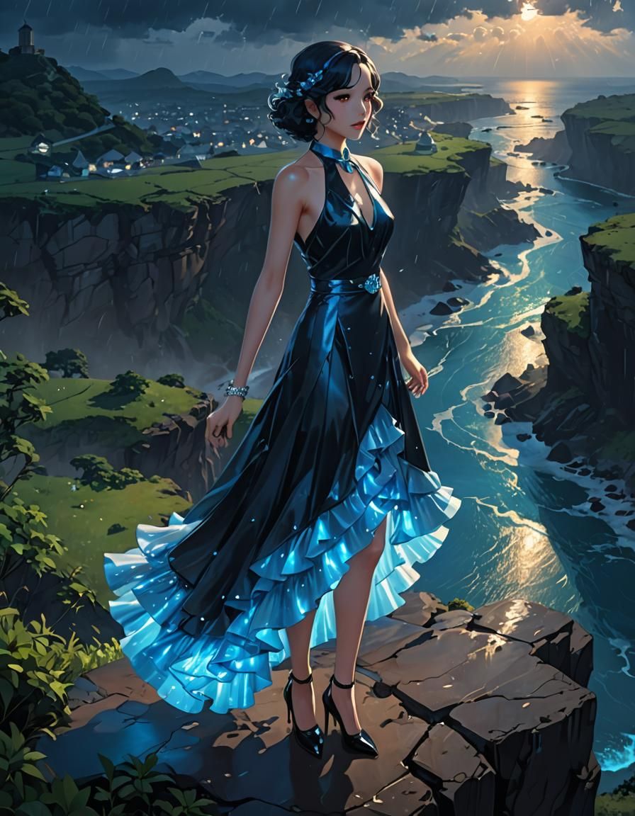 Cliffside View: Woman in 1930s Blue Dress