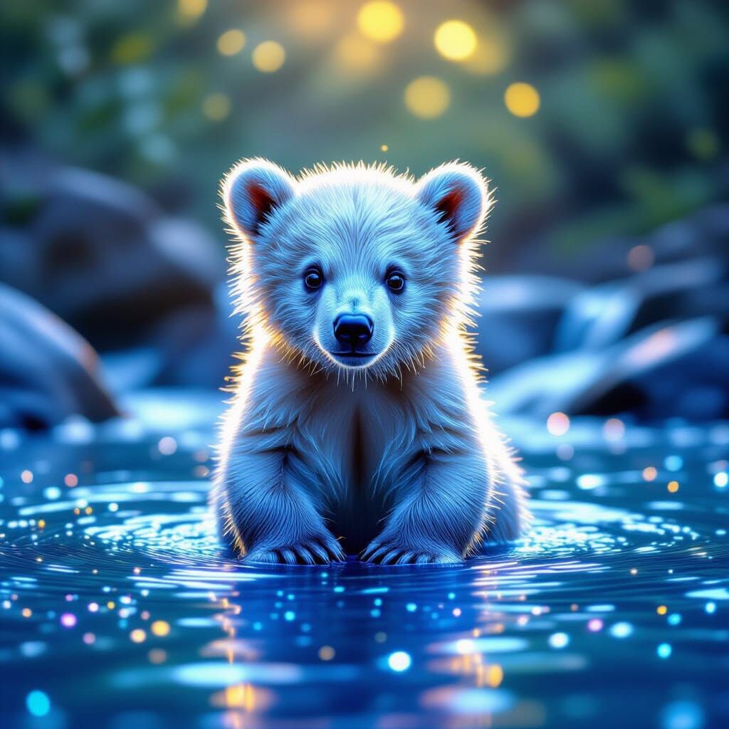 Holographic Bear Cub with Silver Glitter Background