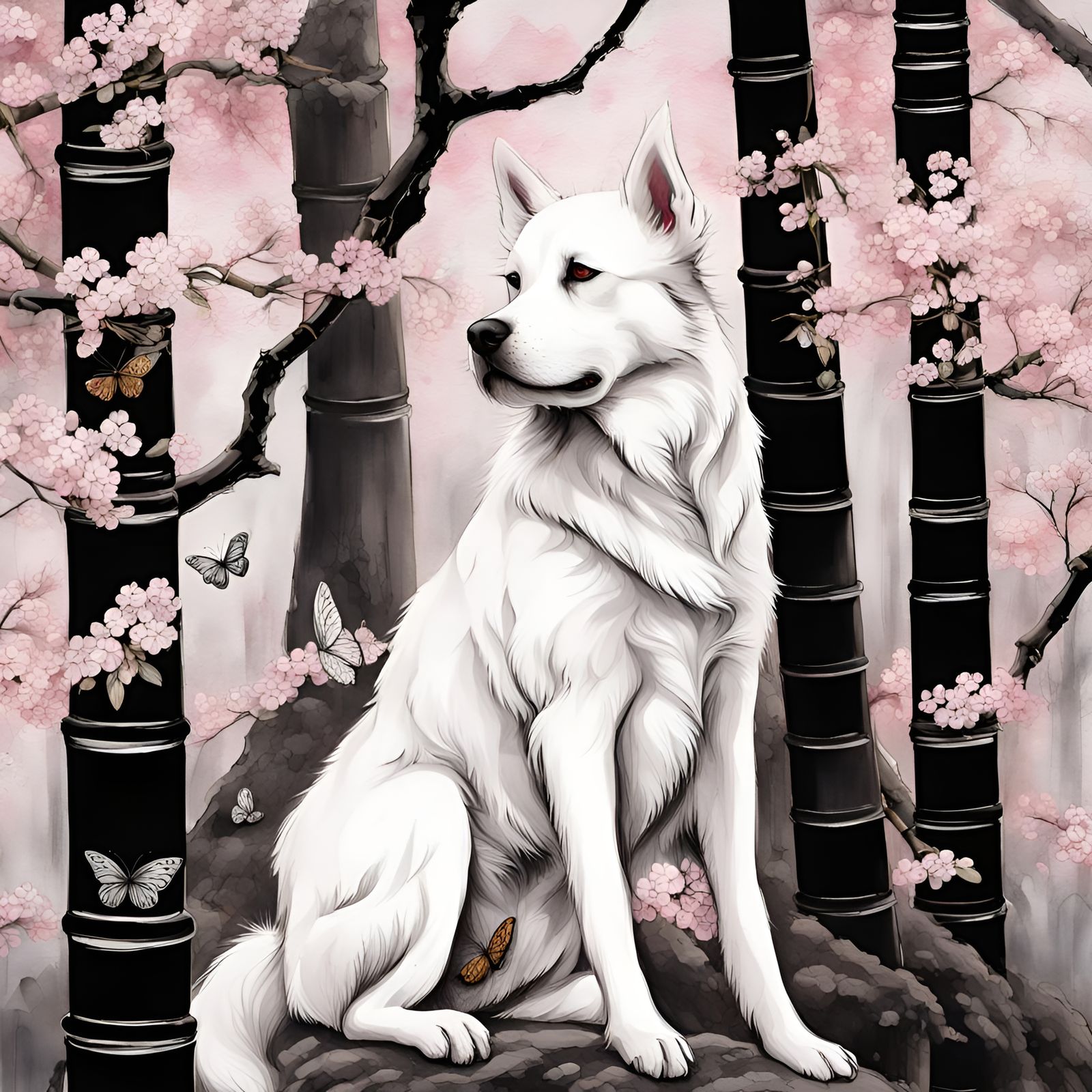 professional portrait of a Chinese ink painting,white dog, w...