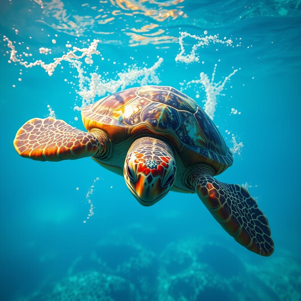 Turquoise Gem Turtle Swimming in a Vibrant Sea