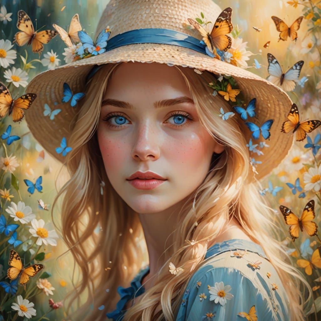 Impressionist Portrait of Woman with Flowers and Butterflies