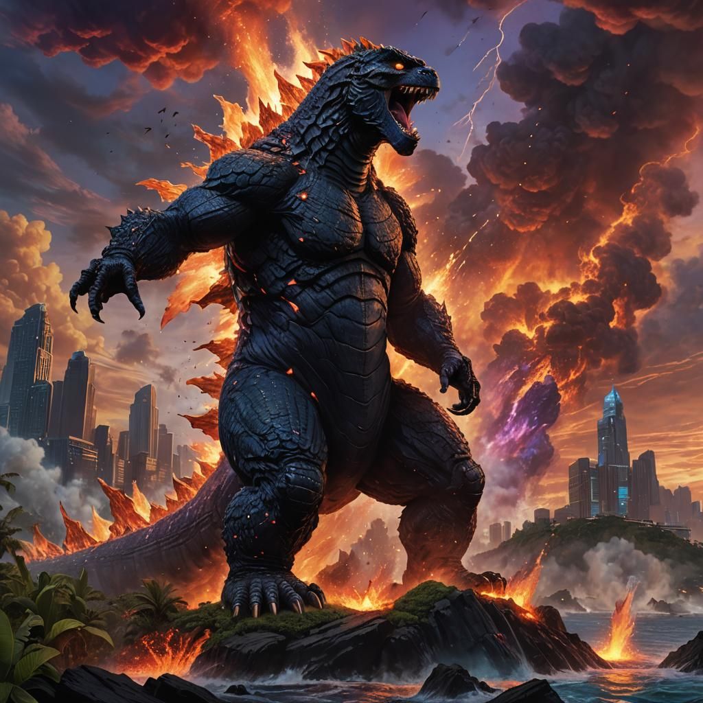 Godzilla Blasting Fire on Lush Island in Fantasy Art