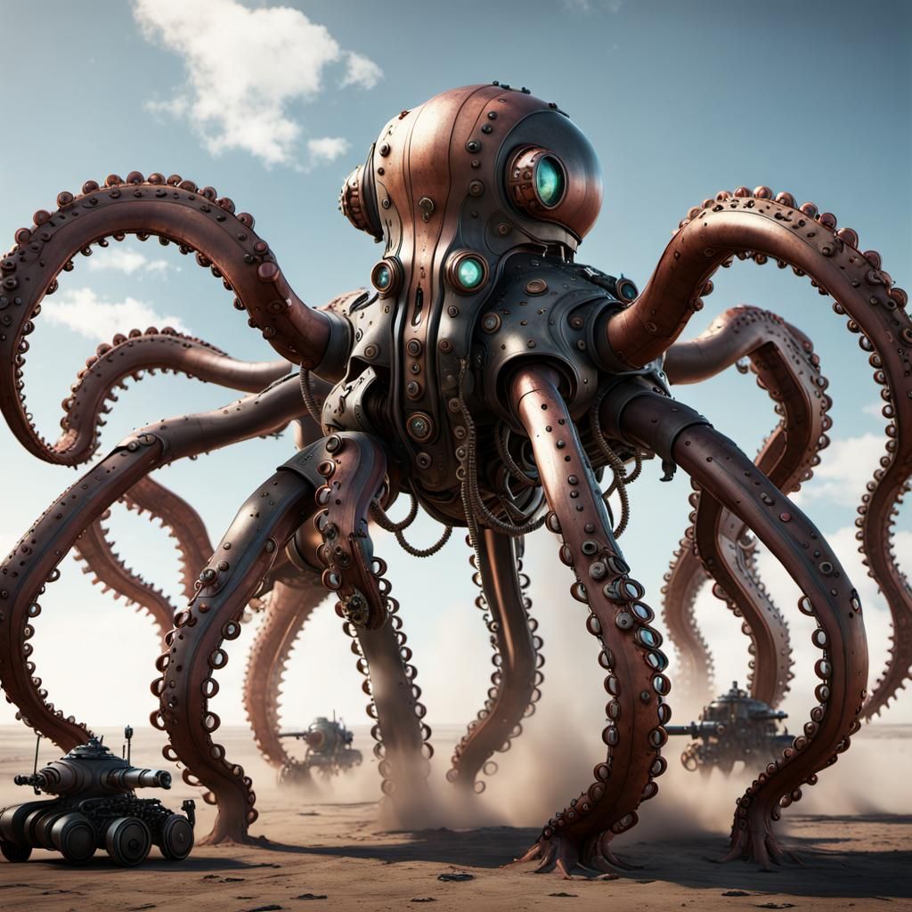 Steampunk Octopus Robot on Battlefield in 8K