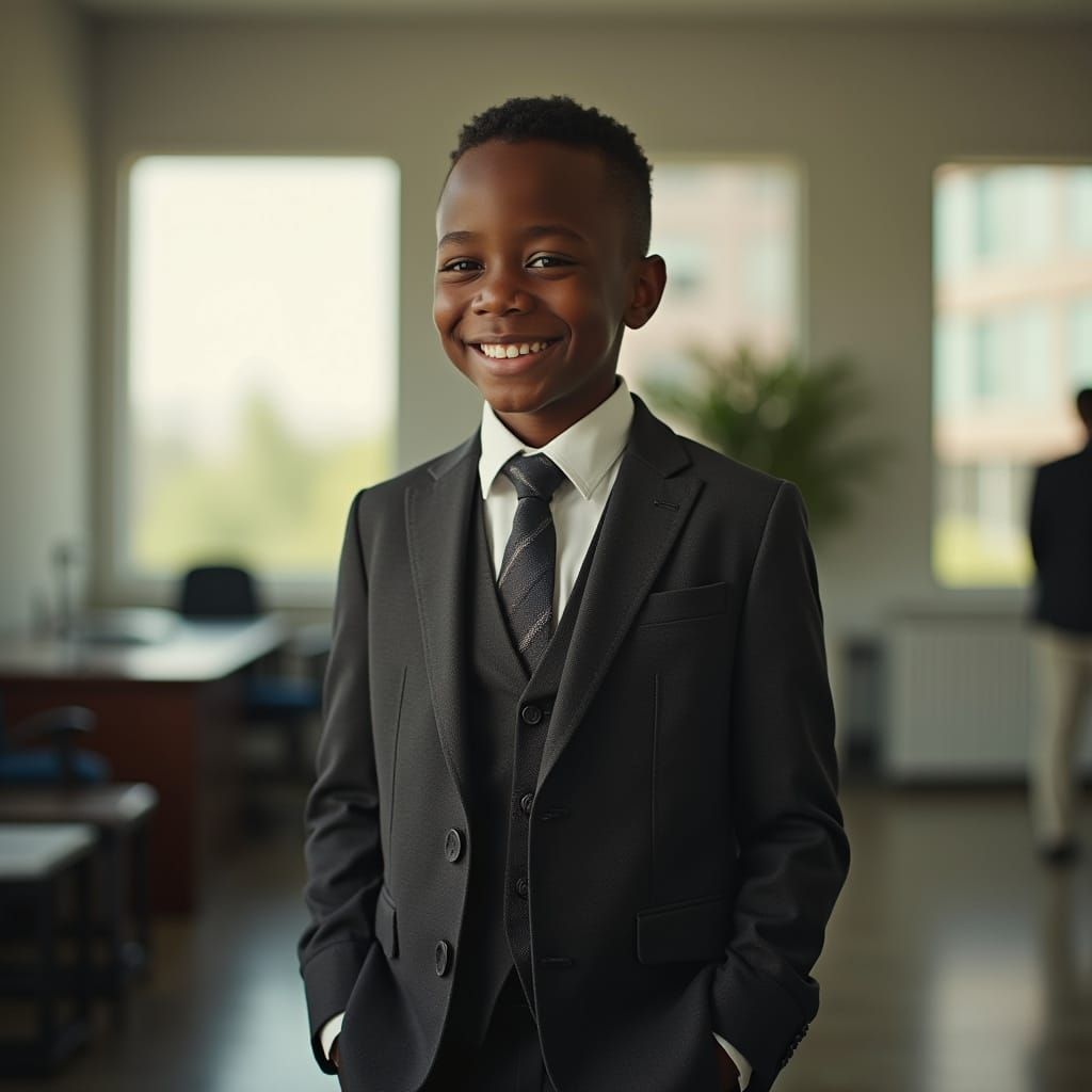 Young Boy in Suit: Modern Office Portrait