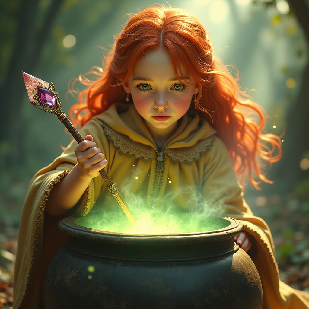 Red-Haired Witch Stirring Cauldron, Pre-Raphaelite Style