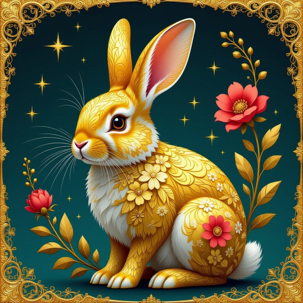Intricately Textured Golden Rabbit with Floral Patterns