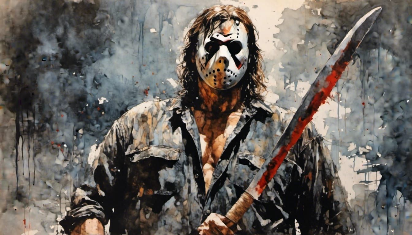 Jason Voorhees with Machete in Watercolor Style