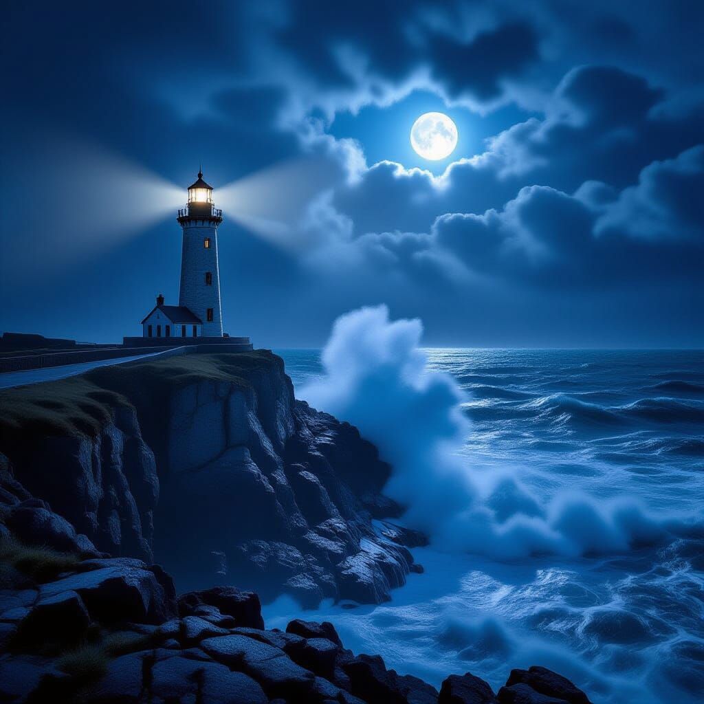 Lighthouse on Jagged Cliff Overlooking Stormy Sea