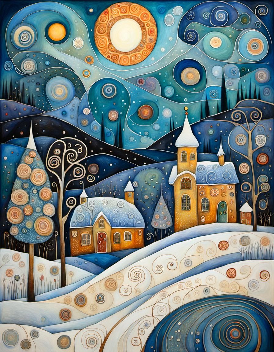 Winter Landscape in Klimt-inspired Art Nouveau Style