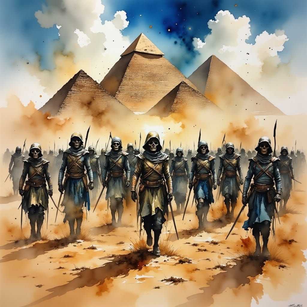 Egyptian Mummies Rise in Water-Ink Style