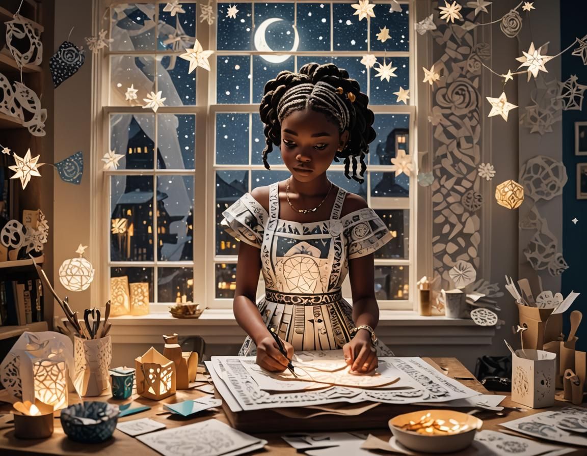 Girl with Braids Creates Paper Art