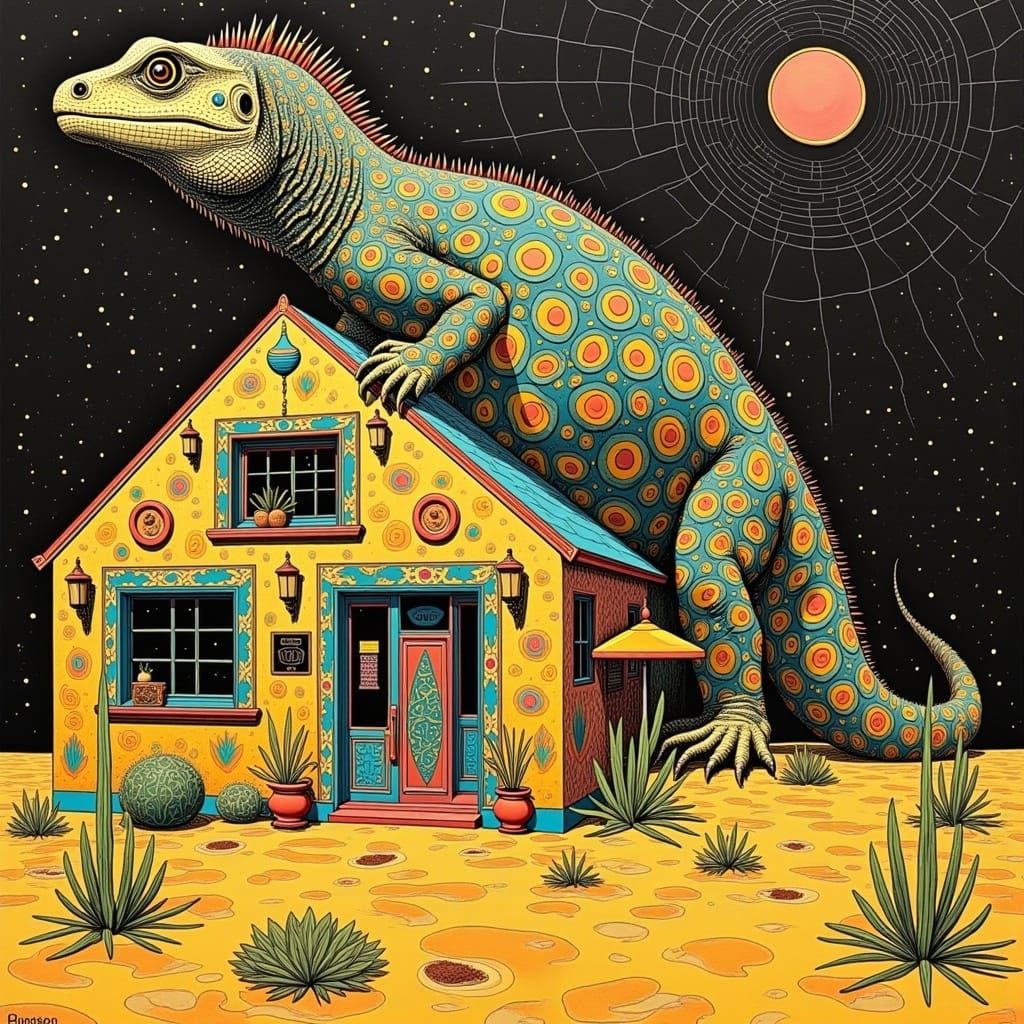 Giant Lizard Emerges Behind Desert Cafe in Psychedelic Horro...