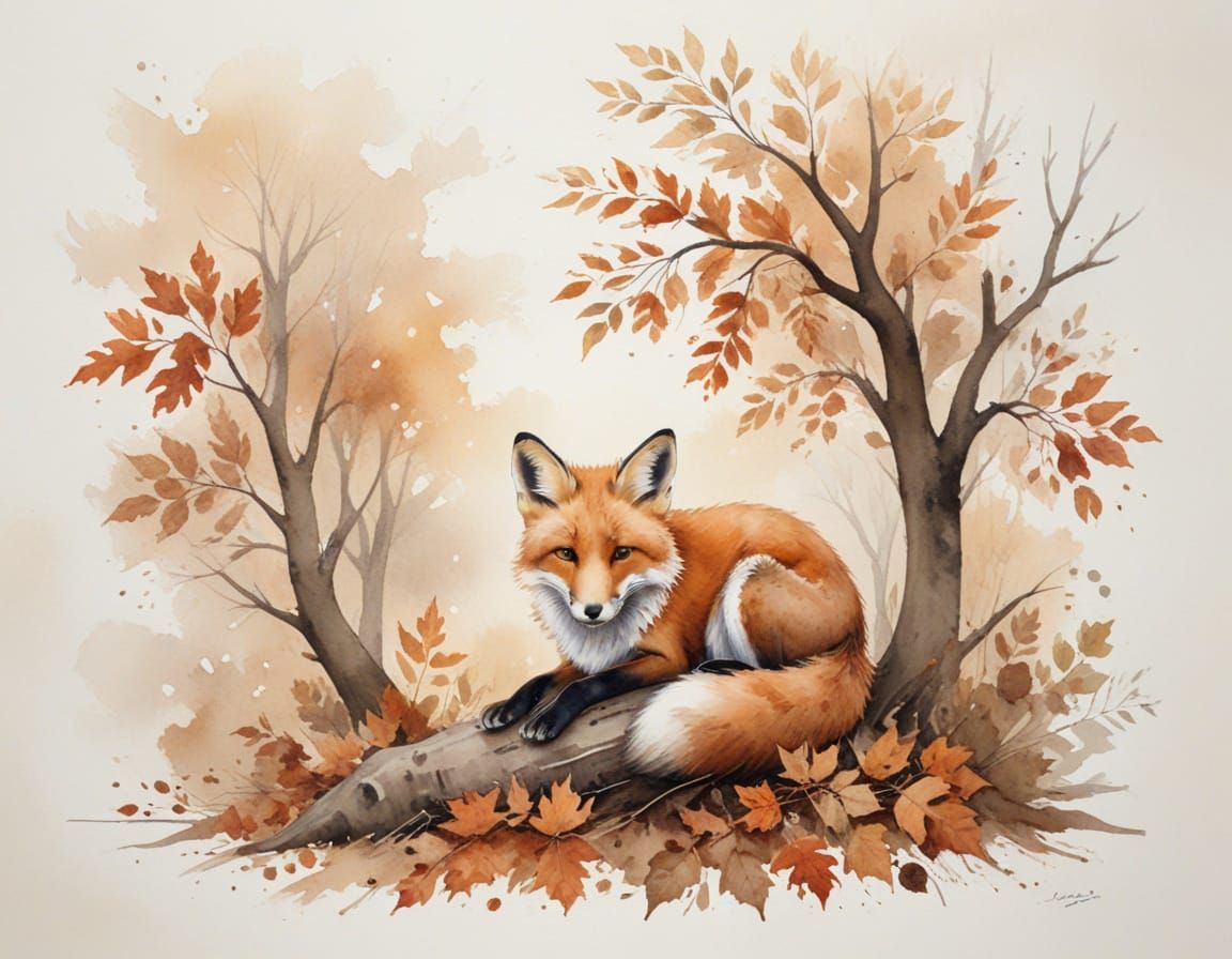Fox Rests on Autumn Leaves in Painterly Realism