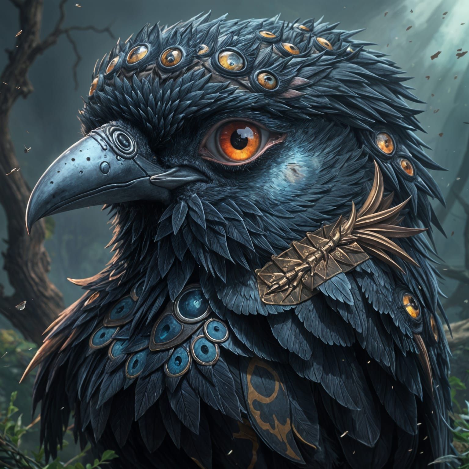 Fantastical Bird Covered in Animal Eyes, Matte Painting