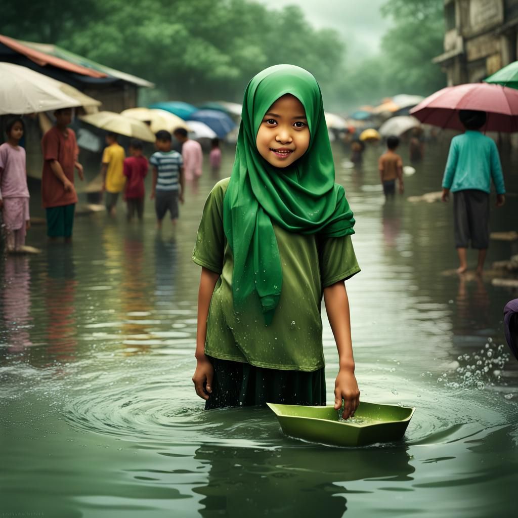 Malay Girl Playing with Paper Boat: Fantasy Concept Art