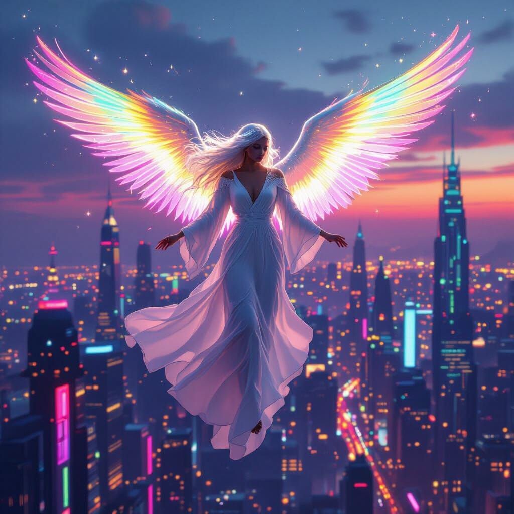 Angel Over Neon Cityscape, Digital Art