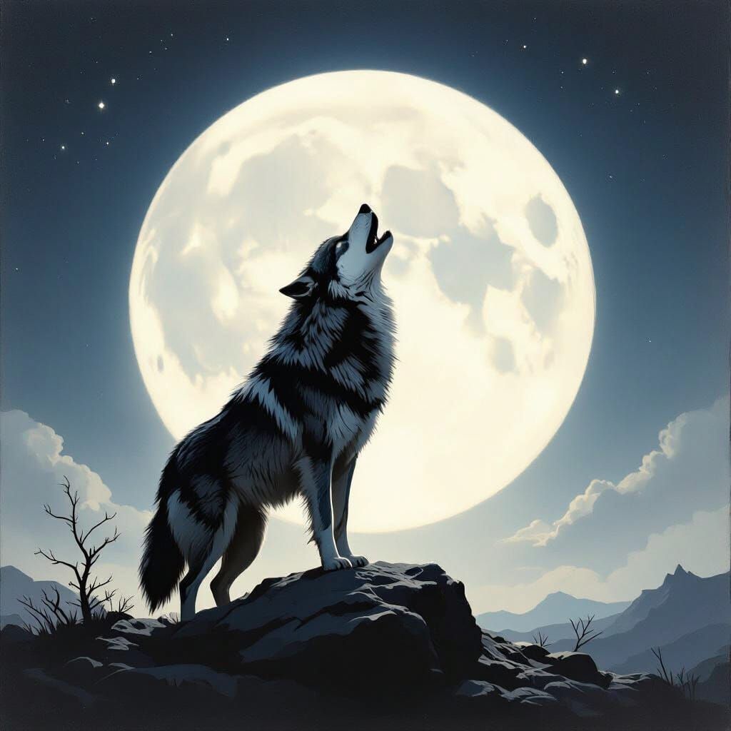 Lone Wolf Howling at Moon in Tenebrism Style