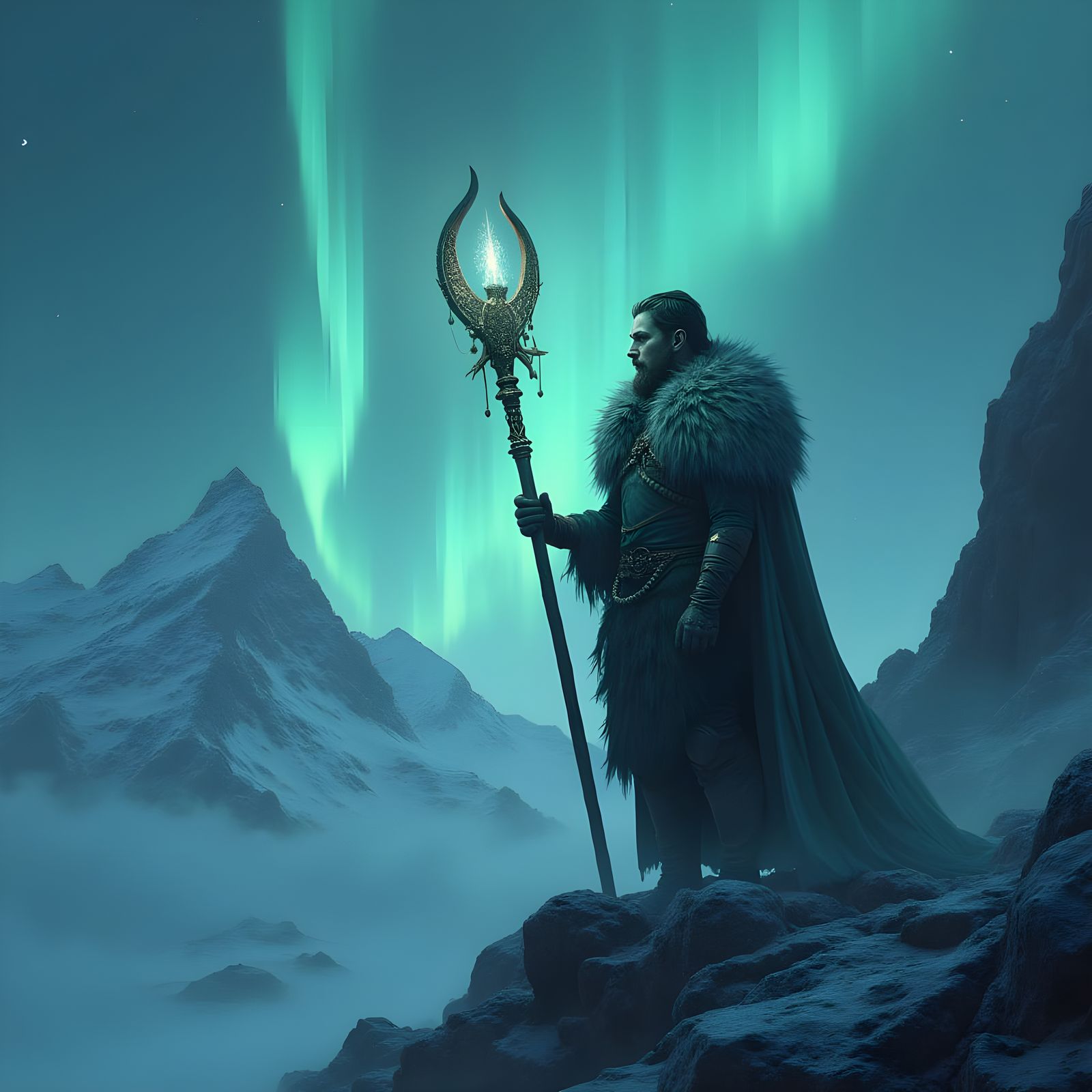 Mystical Nordic Shaman Meditates Under Aurora Borealis