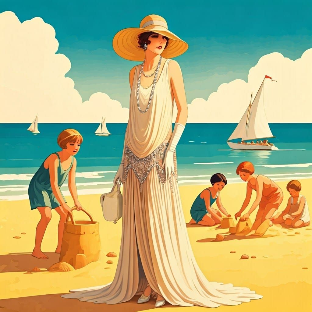 Flapper on Beach in 1920s Poster Style