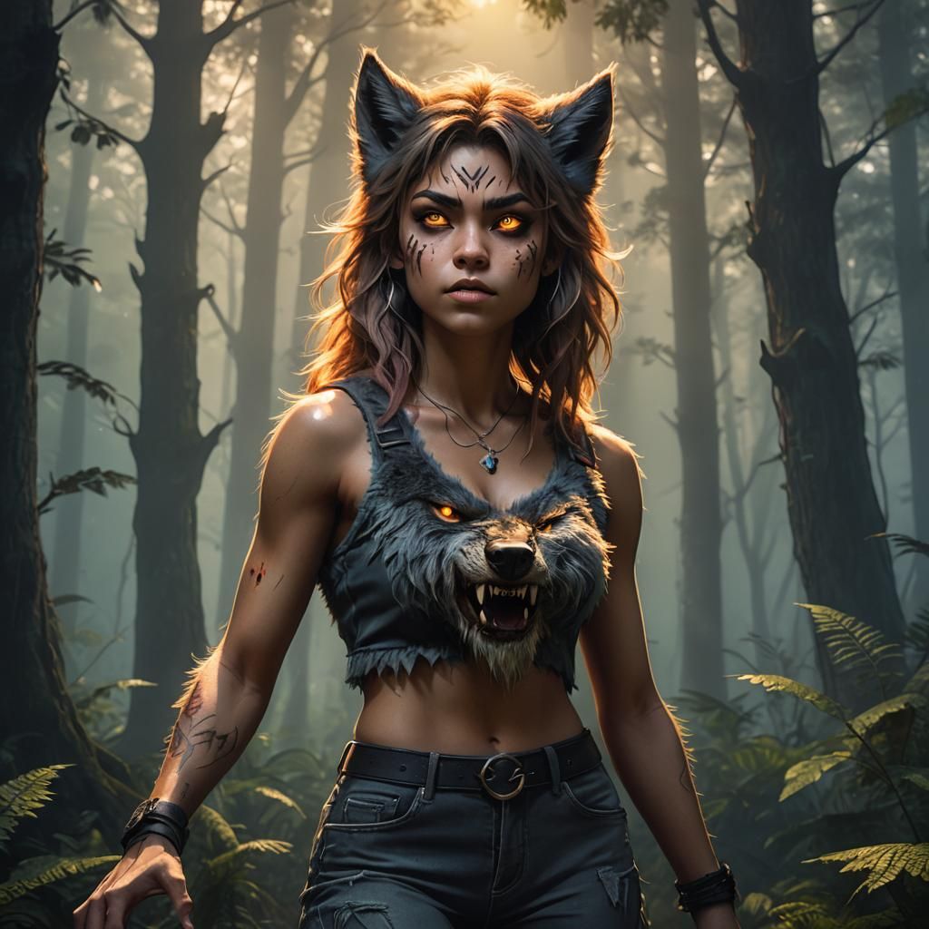 Anime Werewolf Girl in Misty Forest
