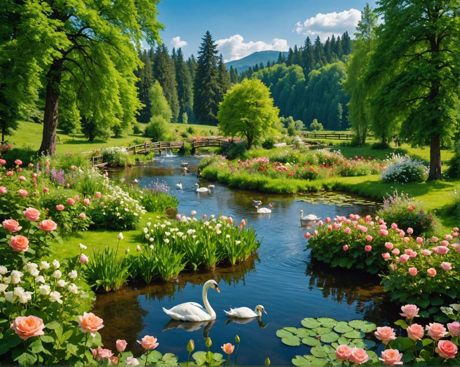 Lush Green Landscape with Waterfalls and Animals