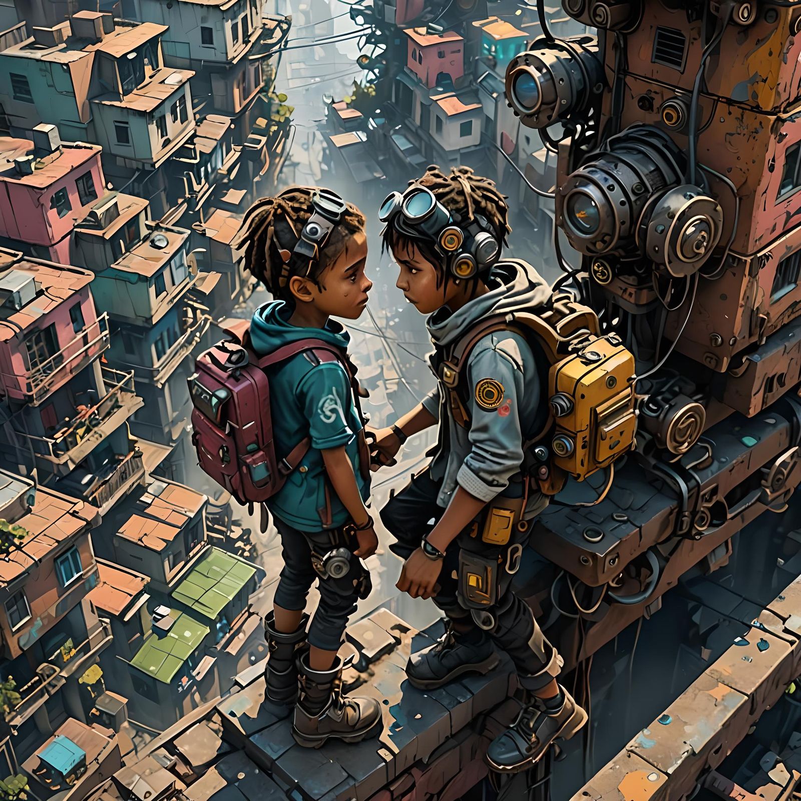 Cyberpunk Urchins Climb Wall in Industrial Cityscape