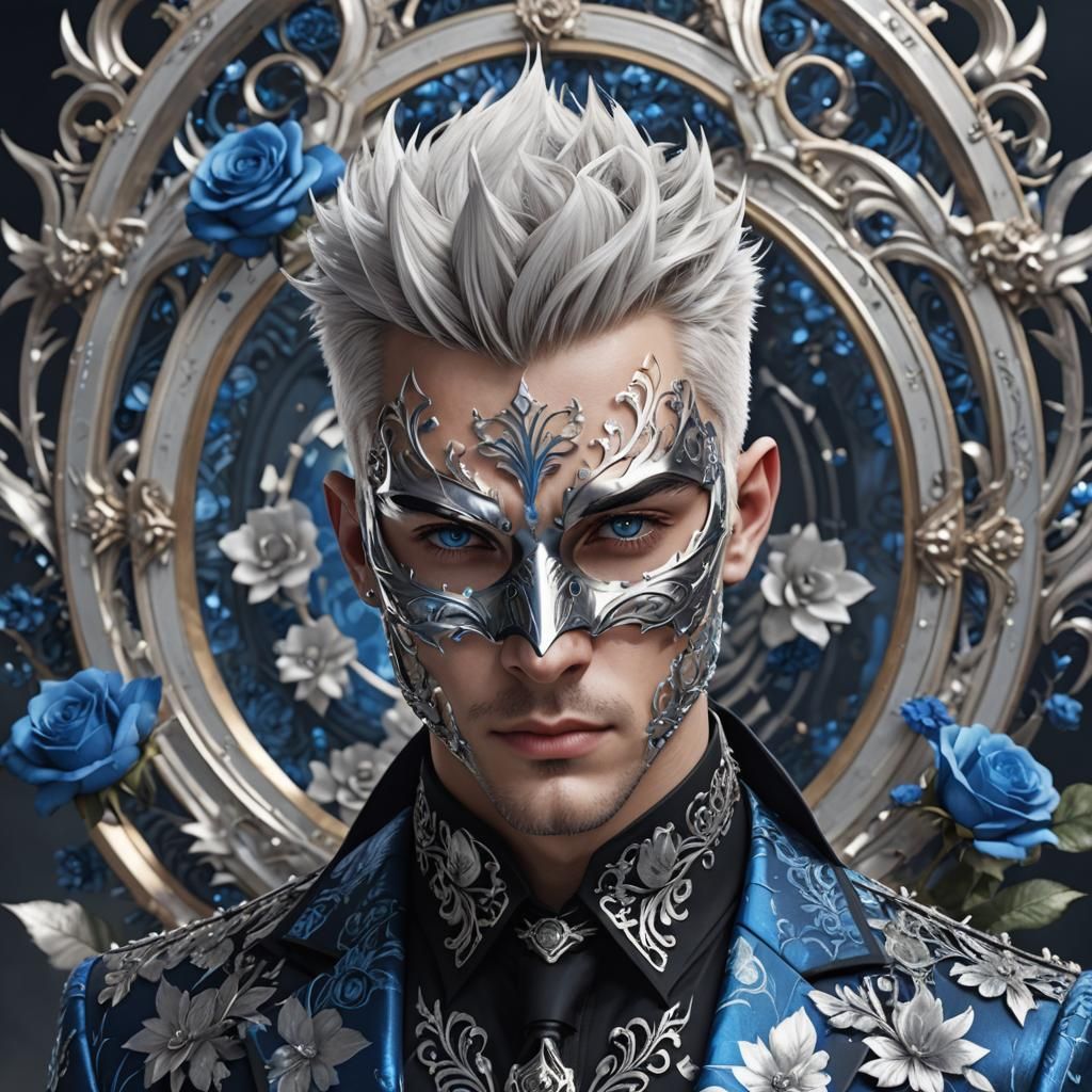 Man with Silver Mask in Detailed Floral Suit