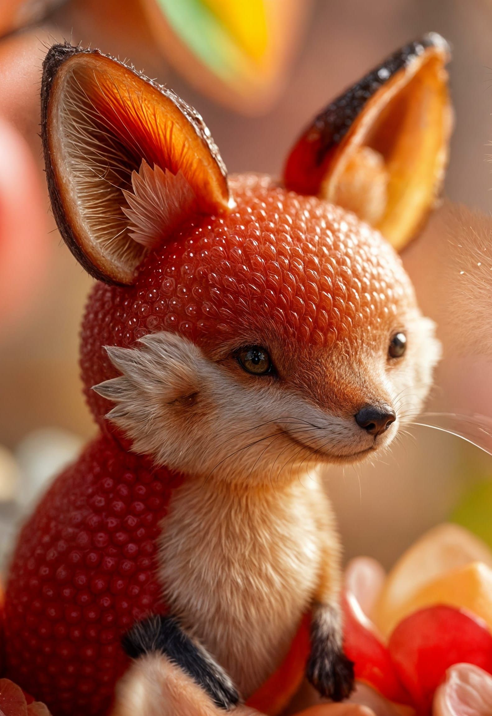 Surreal Fruit Fox Enjoys Whimsical Forest Scene