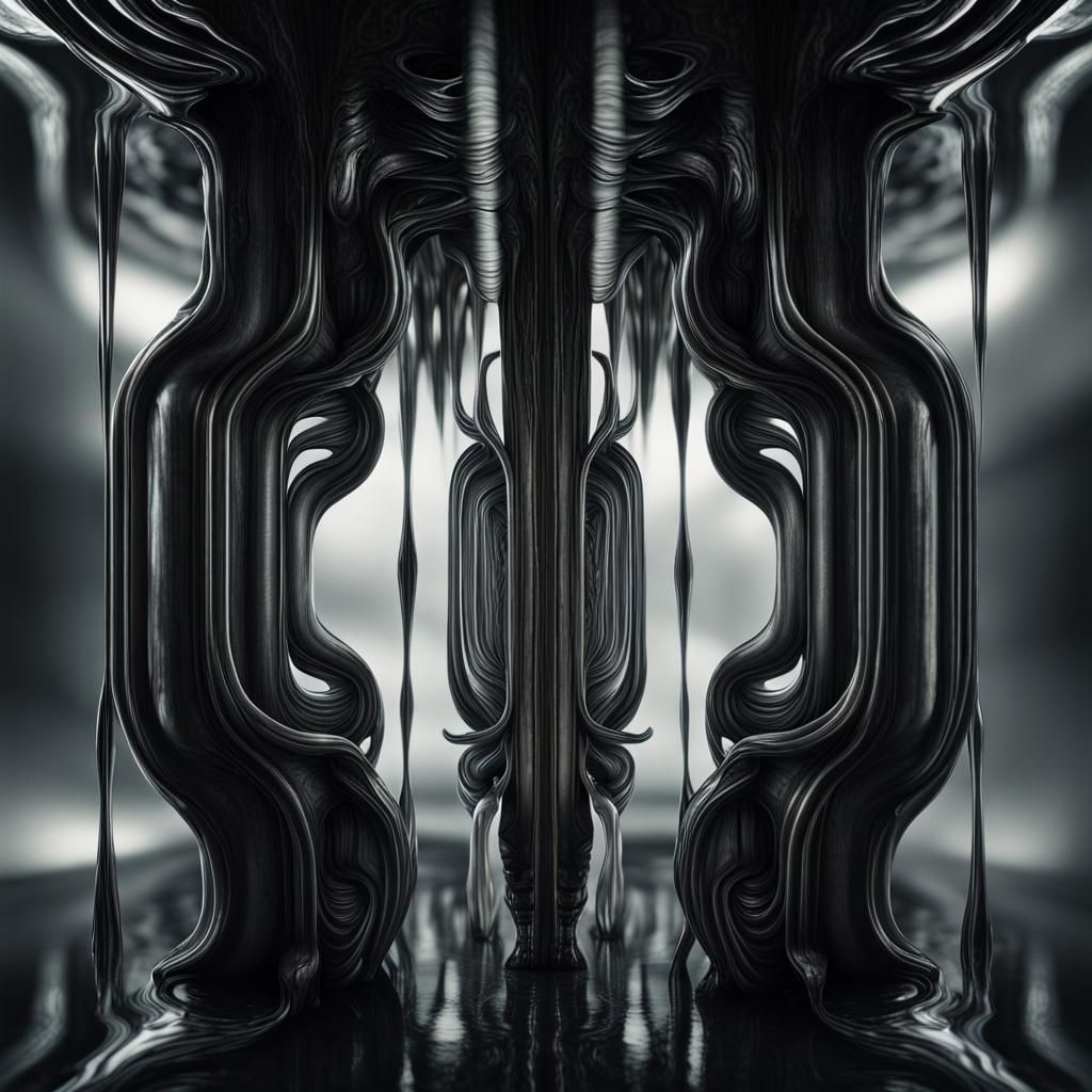 Dark Sci-Fi Scene in Giger Style with Abstract Shapes