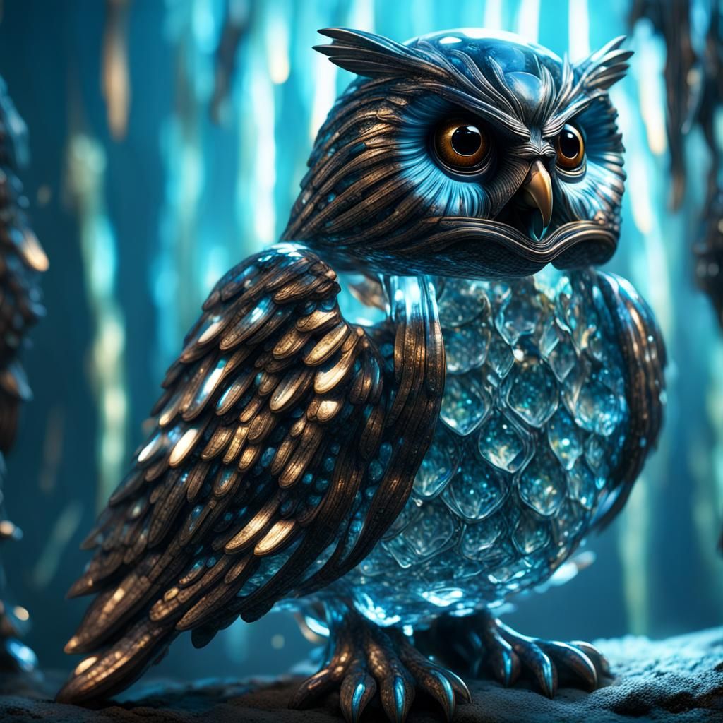 Bioluminescent Crystal Owl: Underwater Fantasy Art