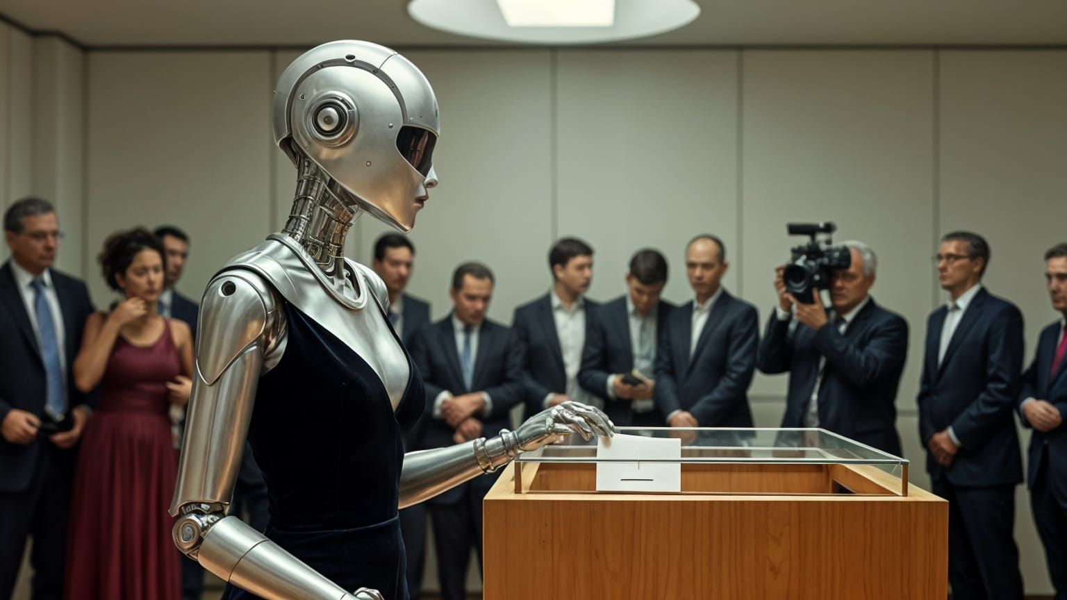 Female Robot Casting Ballot in Formal Attire