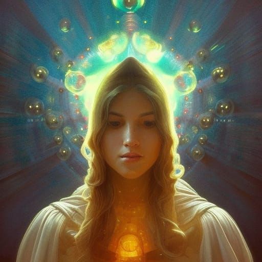 Cosmic Church Interior with Ethereal Paintings