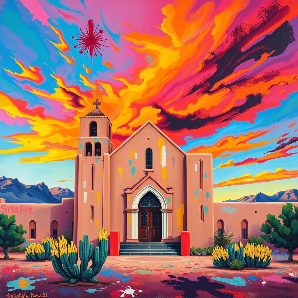 Santa Fe Church in Polychromatic Gouache Style