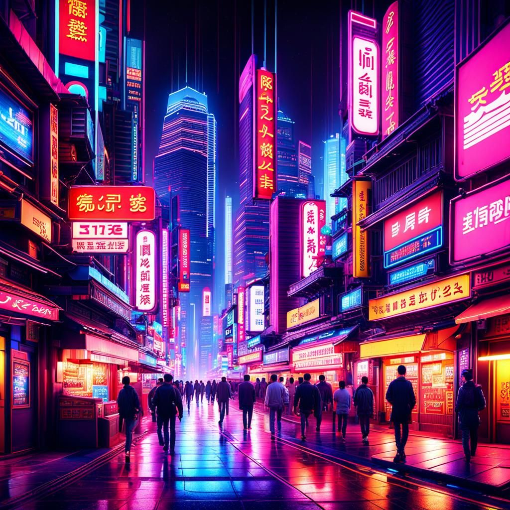 Vibrant Neon-Lit Oriental Cityscape at Night