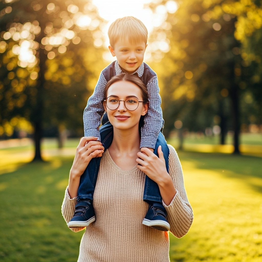 Mother and Son Enjoying a Sunlit Park Walk